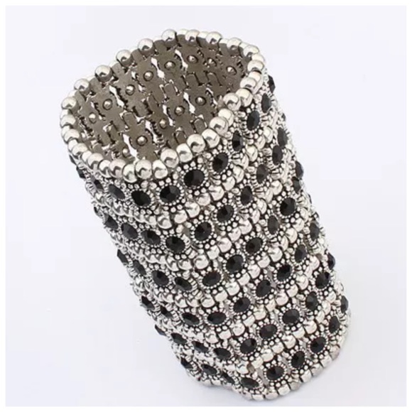 6 Row Wide Silver Black Crystal Bead Bracelet ED10 - Picture 2 of 5